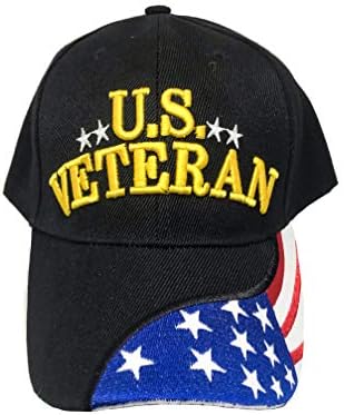 Siyah Ördek Marka İşlemeli ABD Veteran Ayarlanabilir Beyzbol Şapkası/Şapkası, Faturada Yıldız ve Çizgili