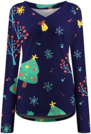 Kidyawn kadın Rahat V Yaka Kazak Tshirt Bluz Uzun Kollu Pamuk Gevşek Fit Tunik Tops Noel Baskılı Kazak