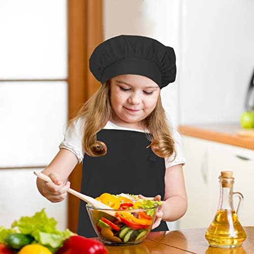 CRJHNS Çocuklar Önlük ve şef Şapka Seti, ayarlanabilir Pamuk Çocuk Önlükleri Büyük Cep Siyah Kız Erkek Mutfak Önlüğü Önlükleri