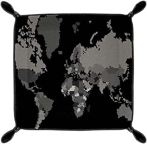 Noktalı Gri Ölçekli Dünya Haritası Siyah Pratik Mikrofiber Deri Depolama Tepsisi-Ofis Masası Tepsi Başucu Caddy Depolama Organizatör