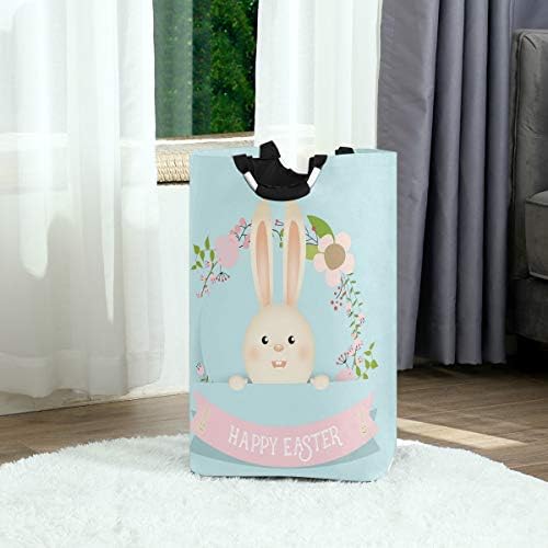 Bir Ayı Paskalya çamaşır sepeti Sevimli Tavşan Tavşan Çiçek Mavi Katlanabilir Büyük Çamaşır Sepeti Kova Kolları ıle Katlanabilir