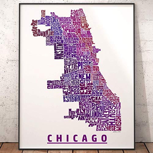 Chicago Mahalle Haritası Baskısı, orijinal elle çizilmiş Chicago tipografi haritası sanatımın imzalı baskısı