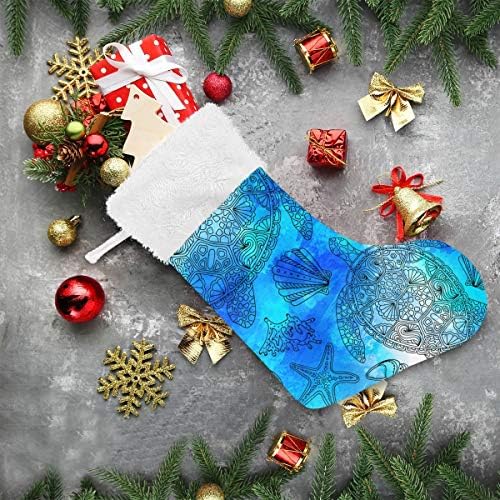 YUEND Beyaz Peluş Trim Noel Stocking Kitleri ile Klasik Kişiselleştirilmiş Deniz Okyanus Kaplumbağa Mavi Mercan Aile Tatil Noel