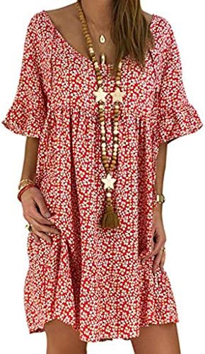 WYTong kadın Bohemian Çiçek Baskı Zarif Parti Elbise kadın Yuvarlak Boyun Baskı Lotus Yaprağı Kollu Dantel Rahat Elbise