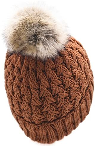 C. C kadın Kış Kablo Polar Astar Nervürlü Bere Örgülü Örgü Çapraz Dikiş Tıknaz Kürk Pom Pom Yumuşak Sıcak Şapka