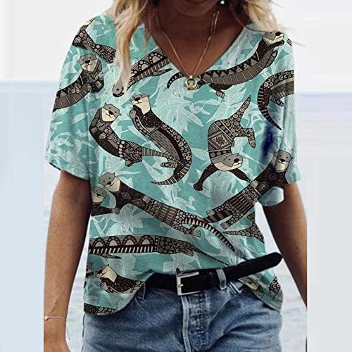 Kadın Yaz V Boyun Tshirt Tops Trendy Casual Hayvan Baskı Gevşek Fit Bluzlar Kısa Kollu Artı Boyutu Egzersiz Tunik Tees