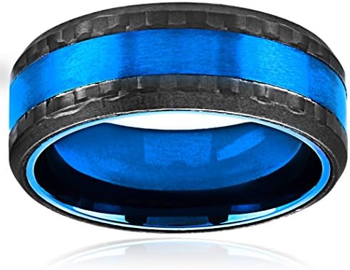/ Pota Mavi Kaplama Fırçalanmış Paslanmaz Çelik Karbon Fiber Eğimli Comfort Fit Yüzük (8mm)