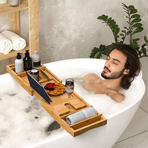 Küvet için Banyo Caddy Tepsisi-Ücretsiz Sabunluklu Banyo için Bambu Ayarlanabilir Organizatör Tepsisi Lüks Spa veya Okuma için