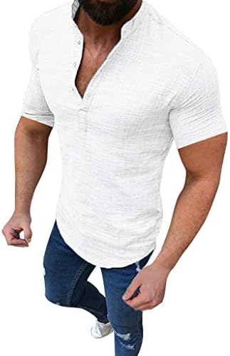 Polo Gömlek Erkekler için, F_Gotal erkek Pamuk Keten T-Shirt Moda Kısa Kollu Katı Düğmeler Up Casual Tees Bluz Tops
