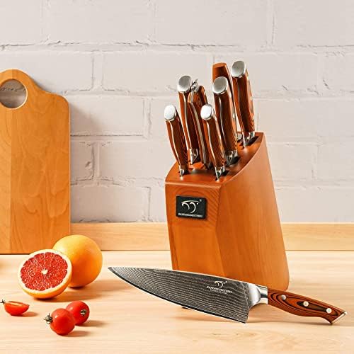 Mutfak Şam Bıçak Seti, Bloklu 9 Parçalı Mutfak Bıçağı Seti, Kaymaz G10 Ergonomik Şef Bıçakları, Bıçak Bileyici ve Mutfak Makası