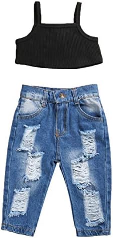 2 Adet Toddler Bebek Kız Giysileri Örgü Kırpma Üst Halter Kolsuz Bluz Kaşkorse Tank Tops Ripped Jeans Denim Pantolon