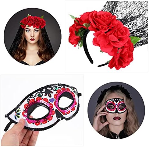 FRCOLOR Cadılar Bayramı Peçe Kafa Bandı Gül Peçe Kafa Bandı ile Masquerade Ölü Çiçek Taç Kostüm Cadılar Bayramı Cosplay Parti