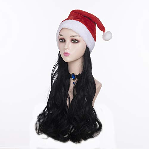 Gerulyss Noel Şapka ile Uzun Dalgalı Hairpieces için Kadın Sentetik Siyah Kıvırcık Santa Kap saç ekleme için Parti