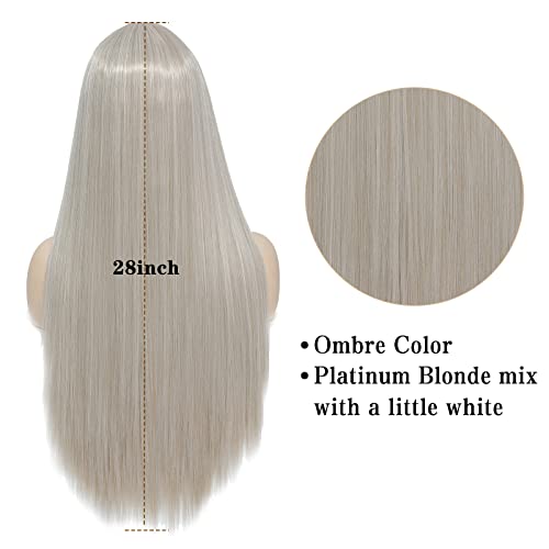 DDHAIR Uzun platin sarışın düz saç peruk Kadınlar Için Doğal Görünümlü orta kısmı Ombre renk ısıya dayanıklı iplik peruk Için