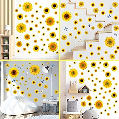 YEAJON 92 Pcs Ayçiçeği duvar çıkartmaları ile 3D Kelebek, çıkarılabilir Sarı Çiçek Duvar Çıkartmaları Su Geçirmez Ayçiçeği Dekor