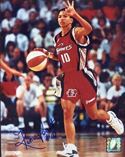 Kim Perrot (D. 1999 WNBA) İmzalı/Orijinal İmzalı 8x10 Renkli Aksiyon-Houston Comets-COA tarafından Emekli olan 10 Yazıtlı fotoğraf