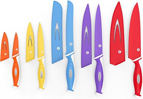 Vremi 10 Parça Renkli Bıçak Seti - 5 Bıçak Kılıflı 5 Mutfak Bıçağı-Oyma Tırtıklı Yardımcı Şef ve Soyma Bıçaklı Şef Bıçağı Setleri-Eşleşen