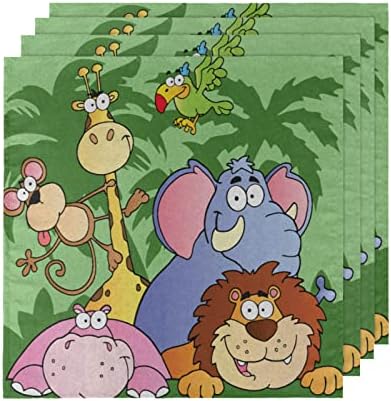 Karikatür Hayvan Bez Peçeteler Set 4 - 20x20 İnç, fil Hippo Zürafa Yıkanabilir Kullanımlık Polyester Yemeği Masa Peçeteler için
