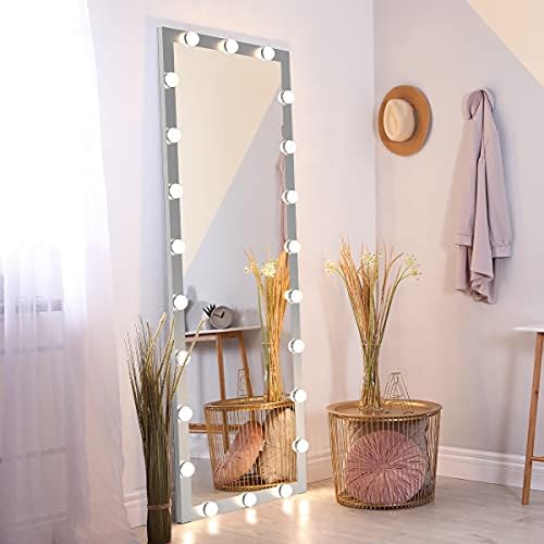 Işıklı Tam Boy Ayna, 63 x 23,6 LED Işıklı Makyaj Aynası, 22 Kısılabilir Ampullü Serbest Duran Zemin Aynası, Duvara Monte ve Yatak