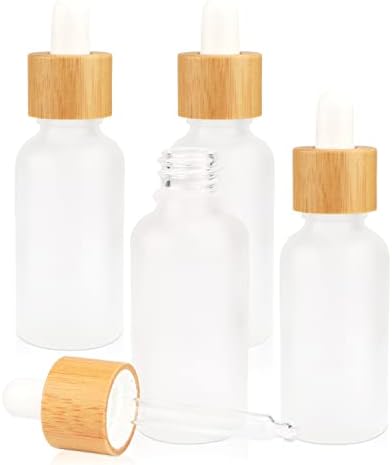 4 Paket Buzlu Cam Damlalıklı Şişeler, Göz Damlası Ve Bambu Kapaklı Uçucu Yağ Şişeleri Parfüm Örnek Şişeleri Özü Sıvı Kozmetik