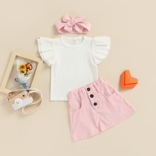 Toddler Bebek Kız Yaz Kıyafeti Fırfır Kısa Kollu Nervürlü T-Shirt Üst Düğme A-Line Etek 2 adet Katı Giysi Set