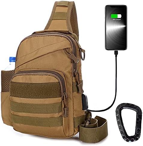 Taktik Sling Çanta, USB Şarj portu ile Molle Omuz Sırt Çantası Göğüs Crossbody Çanta (Tan)