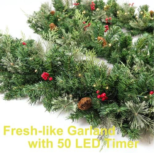 HomeKaren Noel çelenk ile 50 ışıkları 9 Ft, Prelit Xnas çelenk ile Kırmızı Berry, çam kozalağı, selvi yaprağı, pil kumandalı