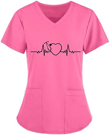 855 Günlük t-Shirt Kadınlar için Düz Renk Kalp Baskı Moda Kısa Kollu V Yaka Bakım İşçileri Üniforma Tunikler Tops