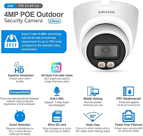 4MP Tam renkli Gece Görüş POE IP Kamera Taret Göz Küresi ağ kamerası, VD-2T49-AS 2.8 mm Lens, Dahili Mikrofon, microSD Kayıt,