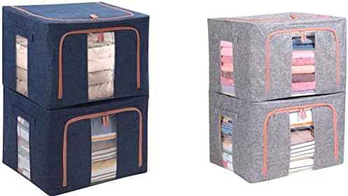 4 Paket Giysi Saklama Kutuları Kutusu ile Metal Çerçeve,Katlanabilir İstiflenebilir Temizle Pencere Dolap Konteynerler için Yatak/Yorgan