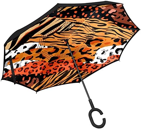 Çift Katmanlı Ters Şemsiye Ters Katlanır Şemsiye ile Araba için C-Şekilli Kolu, rüzgar Geçirmez UV Koruma Soyut Hayvan Cilt Büyük