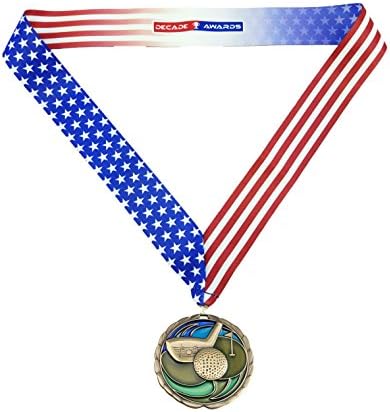 Decade Ödülleri Golf Renk Madalya - 2.5 İnç Geniş Turnuva Madalyon ile Yıldız ve Çizgili Amerikan Bayrağı V Boyun Şerit