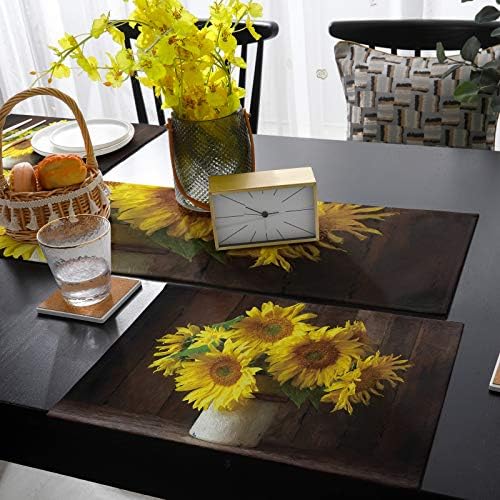 Placemats 6 Set ve Masa Koşucu Yemek Masası için 72 inç Uzunluğunda Vazoda Ayçiçeği Çiçek Yağı Boyalı Tarzı - Pamuk Keten Masa