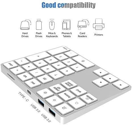 Cuifati Kablosuz Numara Pedi, 34 Tuşlu Klavye HUB Tip-C USB 3.0 Fit, BT Sayısal Tuş Takımı, Windows için Birden Fazla Cihaz Desteği,