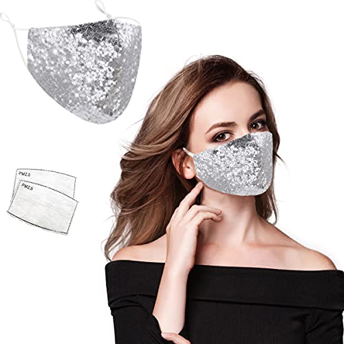Kadınlar için Bling Pullu Yüz Maskesi, 2 Filtreli Işıltılı Glitter Moda Yüz Maskesi Yeniden Kullanılabilir Yıkanabilir, Gümüş