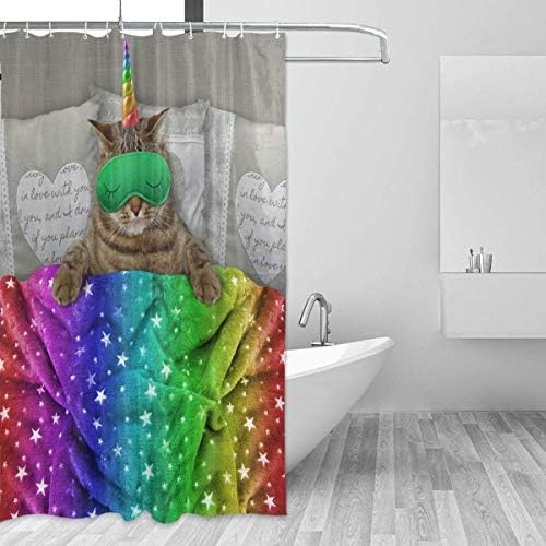 Kedi Unicorn Yeşil Komik Uyku Maskesi ile Yatakta 36x72 İnç Duş Perdesi Küçük Durak Banyo Dekoratif Dar Yarım Duş Perdeleri Su