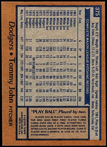 1978 Topps 375 Tommy John Los Angeles Dodgers (Beyzbol Kartı) ESKİ Dodgers