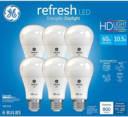 GE Yenileme Yüksek Çözünürlüklü LED Ampul 10.5-watt 5000K Enerjik Gün Işığı Kısılabilir A19 6'lı Paket