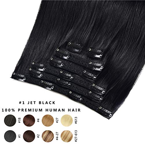 Klip insan saçı postiş, 16 inç 1 Jet Siyah Çift Atkı 70g 7 adet Kalınlaşmış Ipeksi Düz %100 % Remy Saç 16 Klipler insan saçı