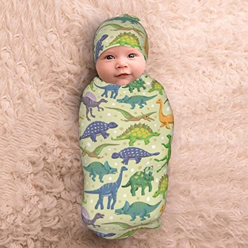 LARSD Kundak Battaniye ile Bere Şapka Seti, dinozor Yenidoğan Alma Battaniye Kafa Bandı Bebek Uyku Çuval Uyku Tulumu için Bebek