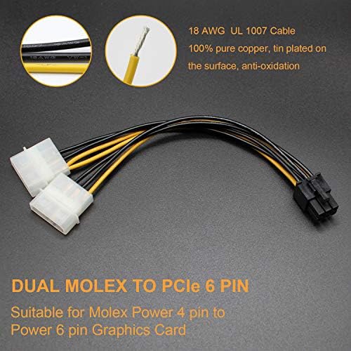 Çift 4 Pin Molex 6 Pin PCI Express Güç Kablosu Adaptörü GPU Video Grafik Kartı Güç Kablosu, 7.8 inç