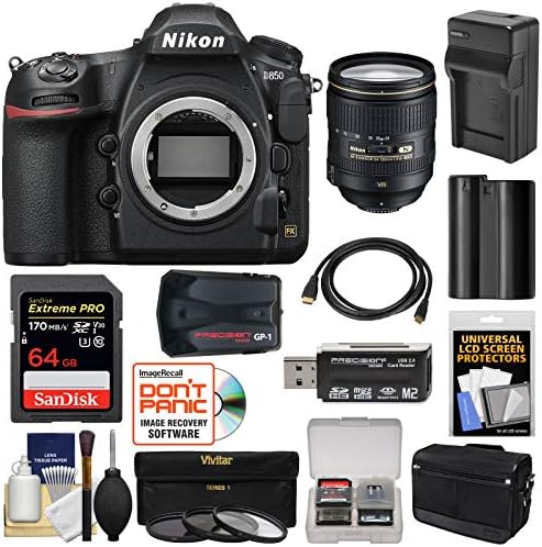 Nikon D850 Wi-Fi 4 K Dijital SLR kamera Gövdesi ile 24-120mm f / 4 VR Lens + 64 GB Kart + Pil ve Şarj cihazı + Kılıf + GPS +