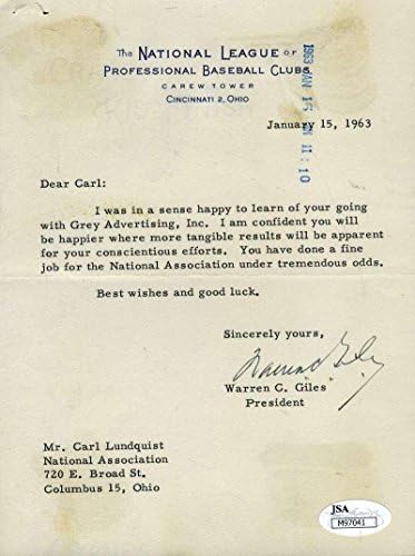 Warren Giles 1963 Mektup İmzalı Jsa Sertifikalı Kimliği Doğrulanmış İmza-MLB İmzalı Çeşitli Eşyalar