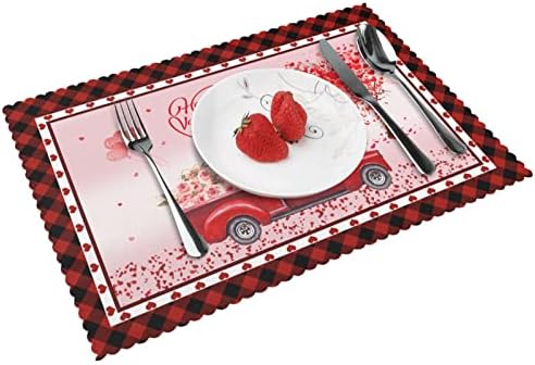 Sevgililer Günü Placemats Yemek Masası için 4'lü Set, Gül Çiçekli Rustik Kamyon Romantik Kırmızı Kalp Şekli Masa Paspasları,