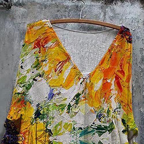 Yaz Elbiseler kadın Vintage Stil Çiçek Baskılı V Boyun 3/4 Kollu Gevşek Fit Bohem Tatil Tunik Elbise