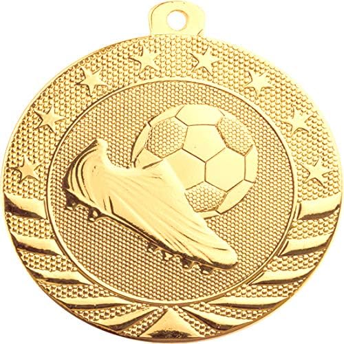 Kırmızı Beyaz ve Mavi Boyun Şeritleri ile 2 inç Çaplı Kalıp Damgalı Katı Metal Futbol Altın Madalyalarının 50 Paketi.